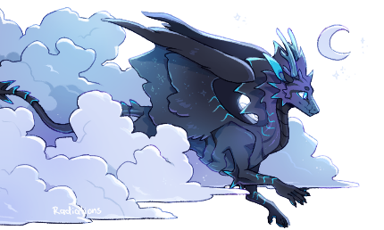 An illustration of a dark purple dragon, not of any Flight Rising breed. It is flying through the clouds, with the moon shining behind it.